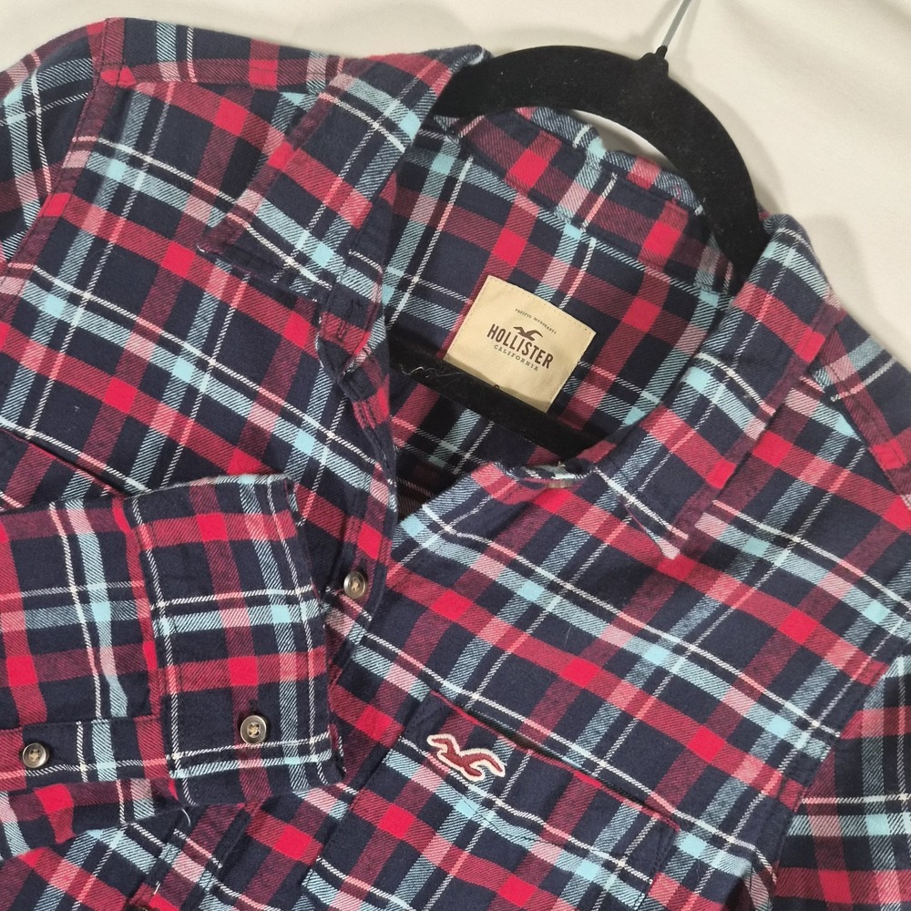 2000s Y2k Hollister Women's Small Navy Red Plaid Flannel Shirt Button Front...
